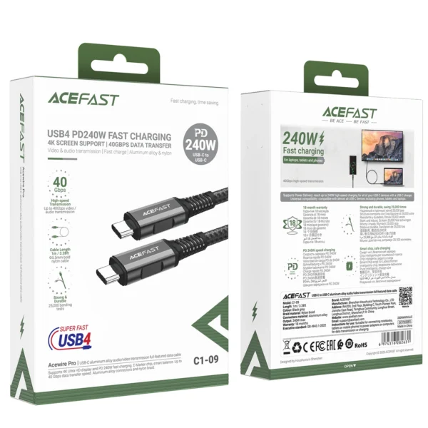 Acefast C1-09 USB-C / USB-C USB4 PD3.1 cable 5A 1m - gray-blackeng