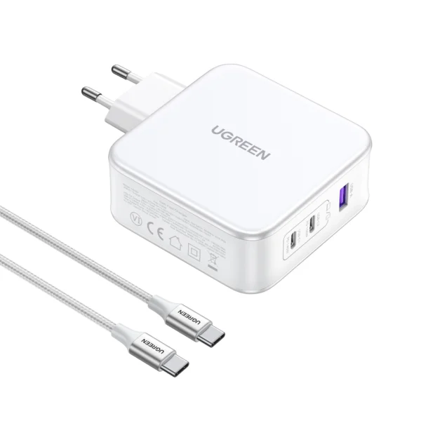 GaN Ugreen Nexode CD289 USB-A/2xUSB-C 140W wall charger + USB-C - USB-C cable 1.5m - whiteeng
