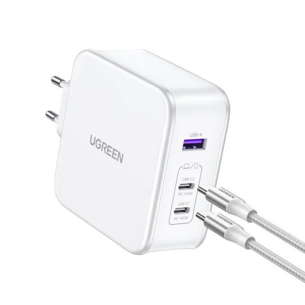 GaN Ugreen Nexode CD289 USB-A/2xUSB-C 140W wall charger + USB-C - USB-C cable 1.5m - whiteeng