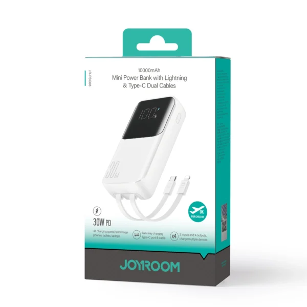 Mini power bank with built-in cables Joyroom JR-PBC06 30W 10000mAh - whiteeng