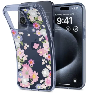 Spigen Liquid Crystal iPhone 15 Pro Case - Pink and Blue Flowerseng
