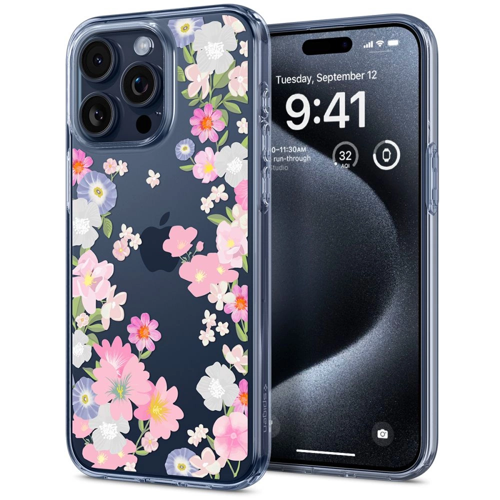 Spigen Liquid Crystal iPhone 15 Pro Case - Pink and Blue Flowerseng