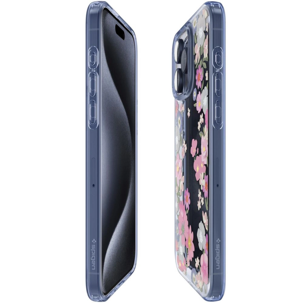 Spigen Liquid Crystal iPhone 15 Pro Case - Pink and Blue Flowerseng