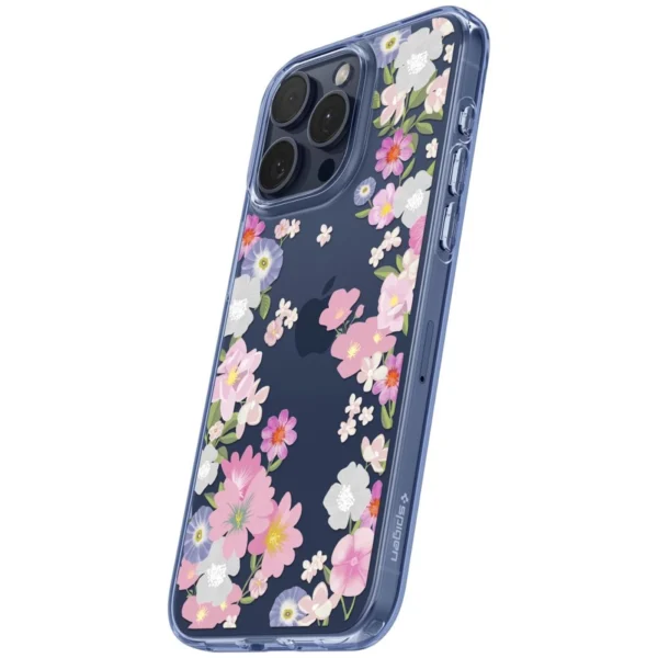 Spigen Liquid Crystal iPhone 15 Pro Case - Pink and Blue Flowerseng