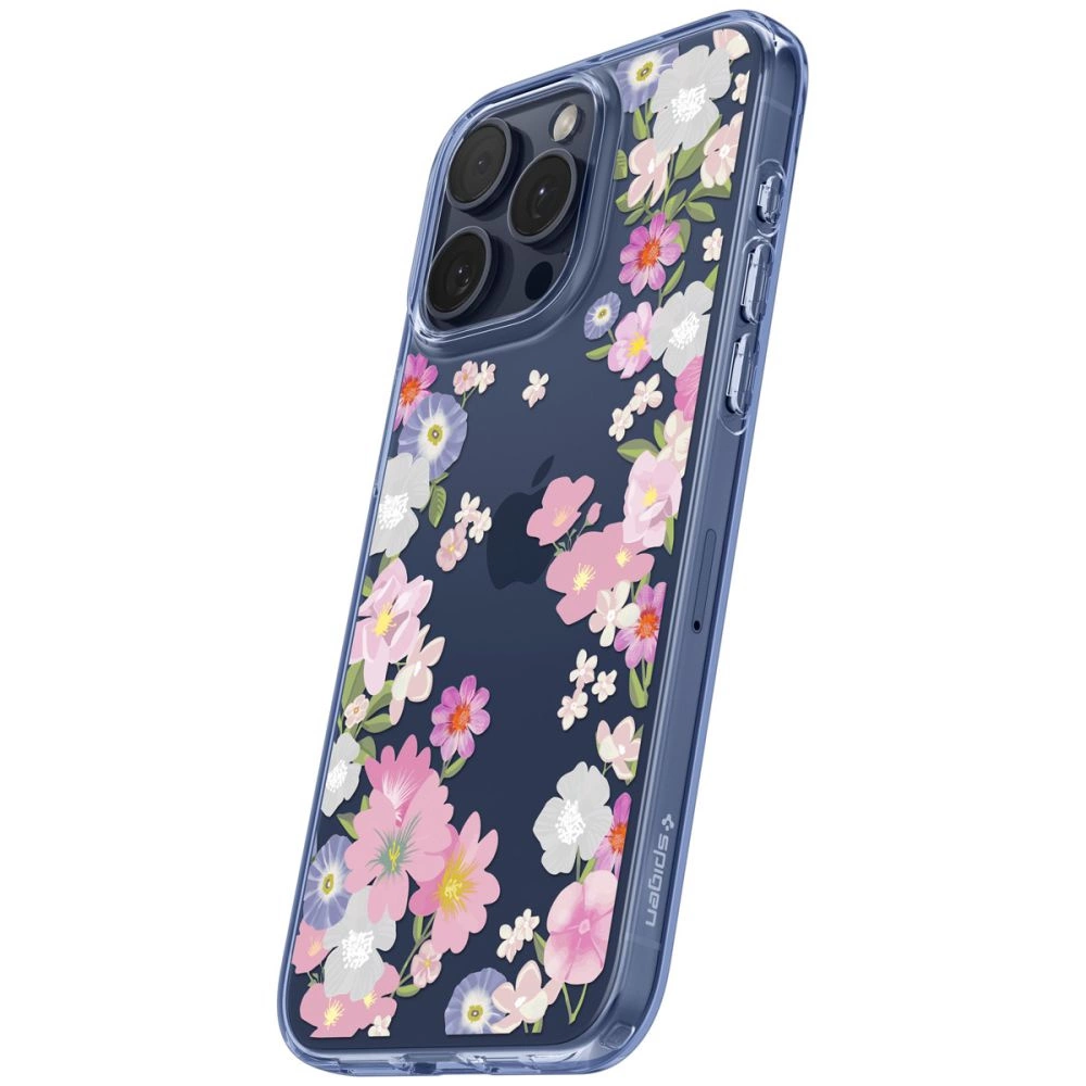Spigen Liquid Crystal iPhone 15 Pro Case - Pink and Blue Flowerseng