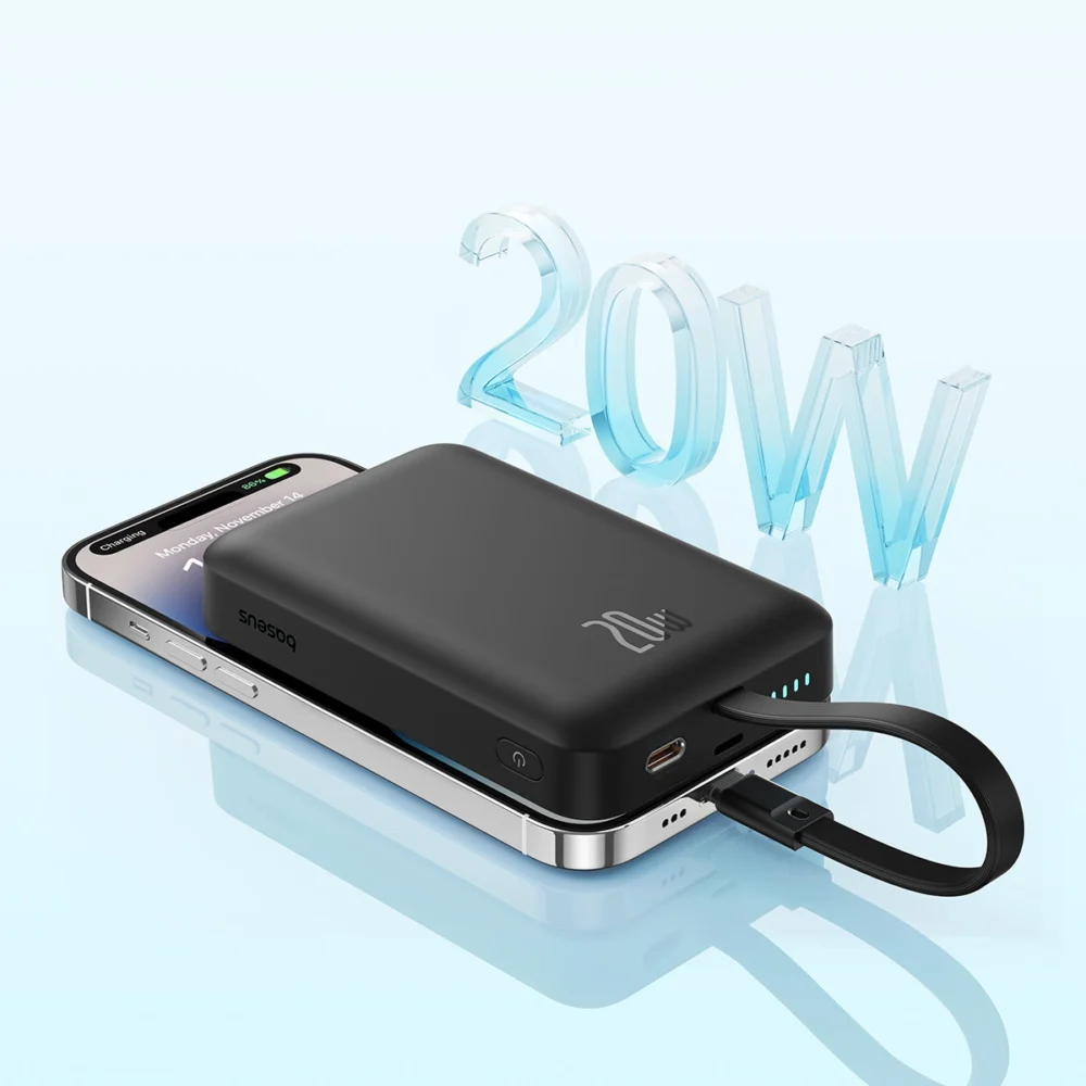 Baseus Magnetic Mini MagSafe 10000mAh 20W powerbank with built-in Lightning cable - black + Baseus Simple Series USB-C - USB-C 60W 0.3m cableeng