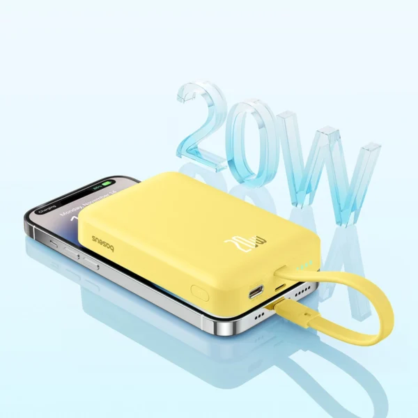 Baseus Magnetic Mini MagSafe 10000mAh 20W powerbank with built-in Lightning cable - yellow + Baseus Simple Series USB-C - USB-C 60W 0.3m cableeng