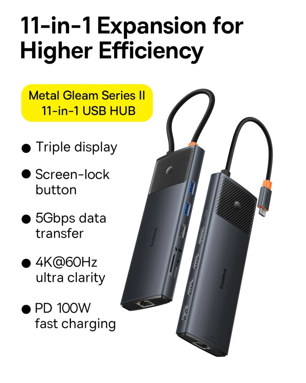 USB HUB 11in1 Baseus Metal Gleam Series II USB-A/USB-C PD/HDMI/DP/RJ45/SD/TF - blackeng