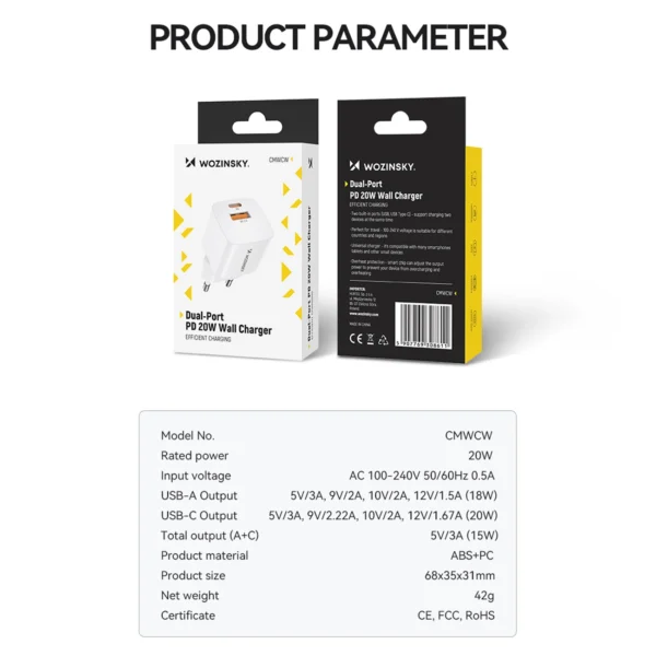 Wozinsky CMWCW 20W USB-C / USB-A wall charger - whiteeng