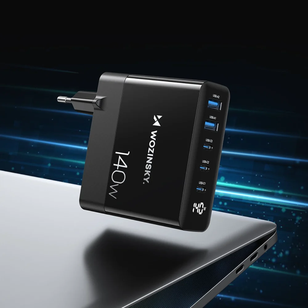 Wozinsky CGWCB 140W GaN wall charger 3 x USB-C / 2 x USB-A - blackeng