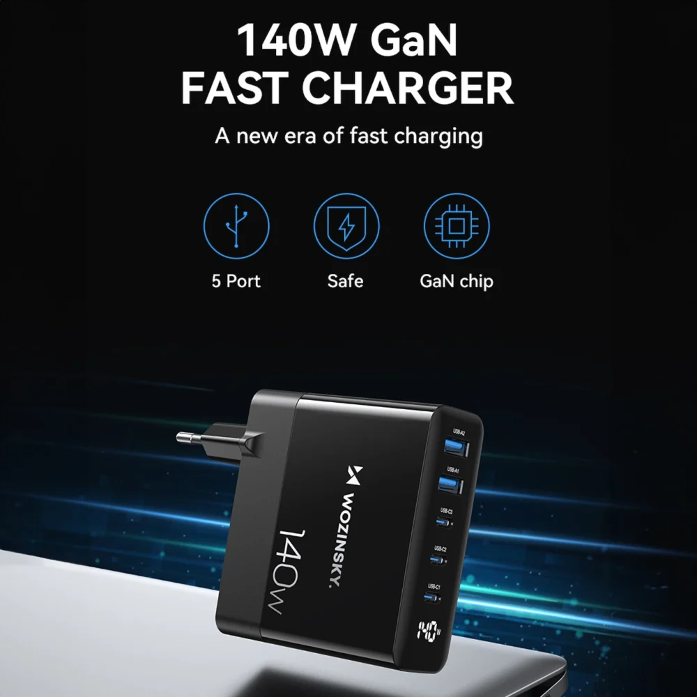 Wozinsky CGWCB 140W GaN wall charger 3 x USB-C / 2 x USB-A - blackeng