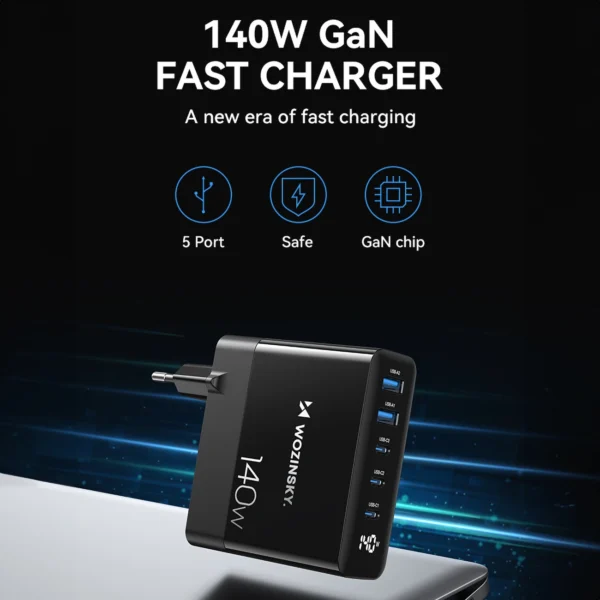 Wozinsky CGWCB 140W GaN wall charger 3 x USB-C / 2 x USB-A - blackeng