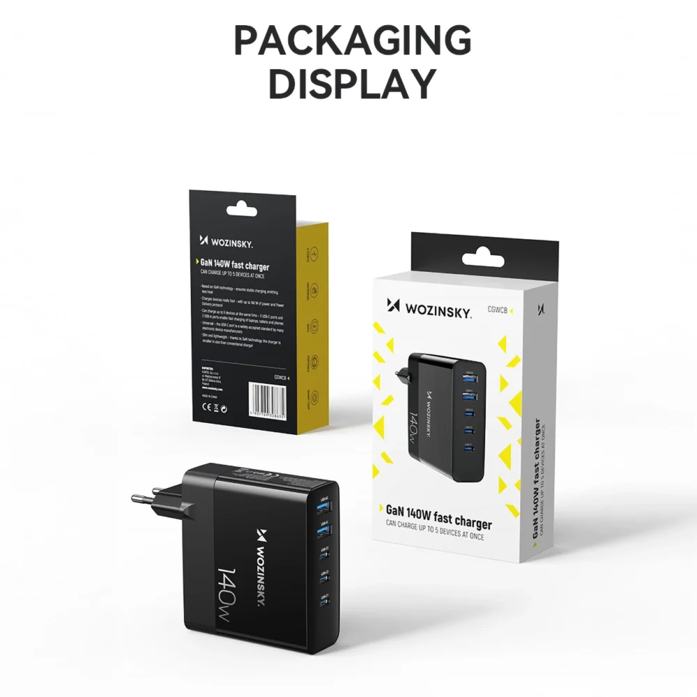 Wozinsky CGWCB 140W GaN wall charger 3 x USB-C / 2 x USB-A - blackeng