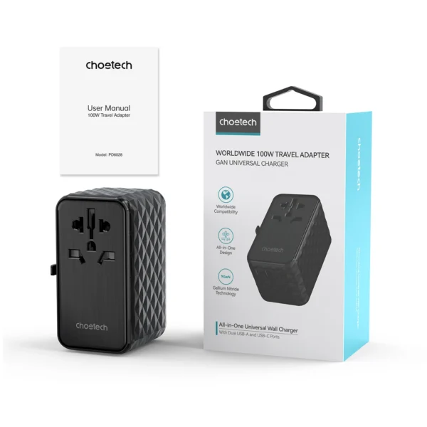 Choetech PD6028 EU / US / AUS / UK travel adapter 2x USB-C 2x USB-A 100W - blackeng
