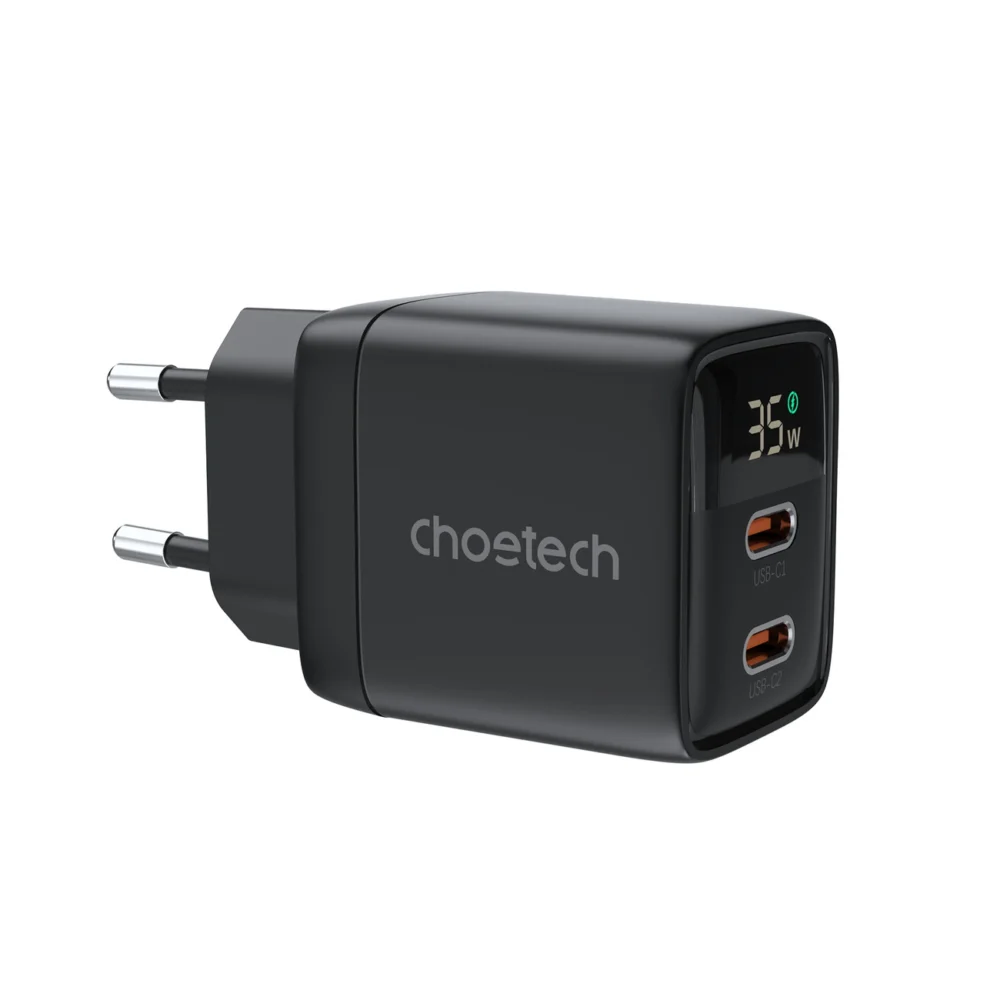 Choetech PD6051 USB-C USB-C PD 35W GaN wall charger with display - blackeng