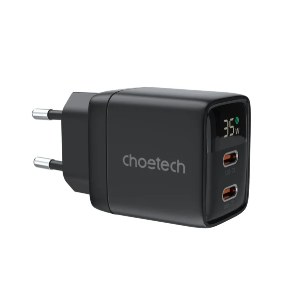 Choetech PD6051 USB-C USB-C PD 35W GaN wall charger with display - blackeng
