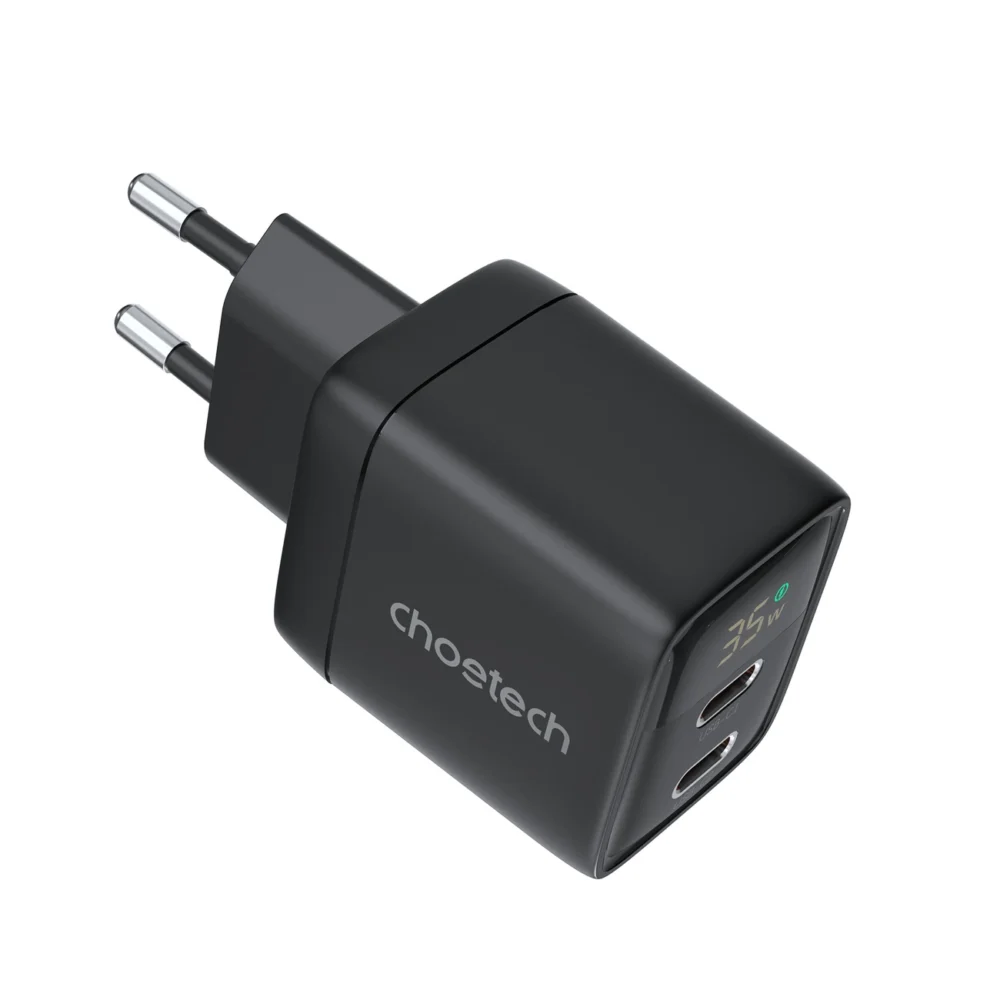 Choetech PD6051 USB-C USB-C PD 35W GaN wall charger with display - blackeng
