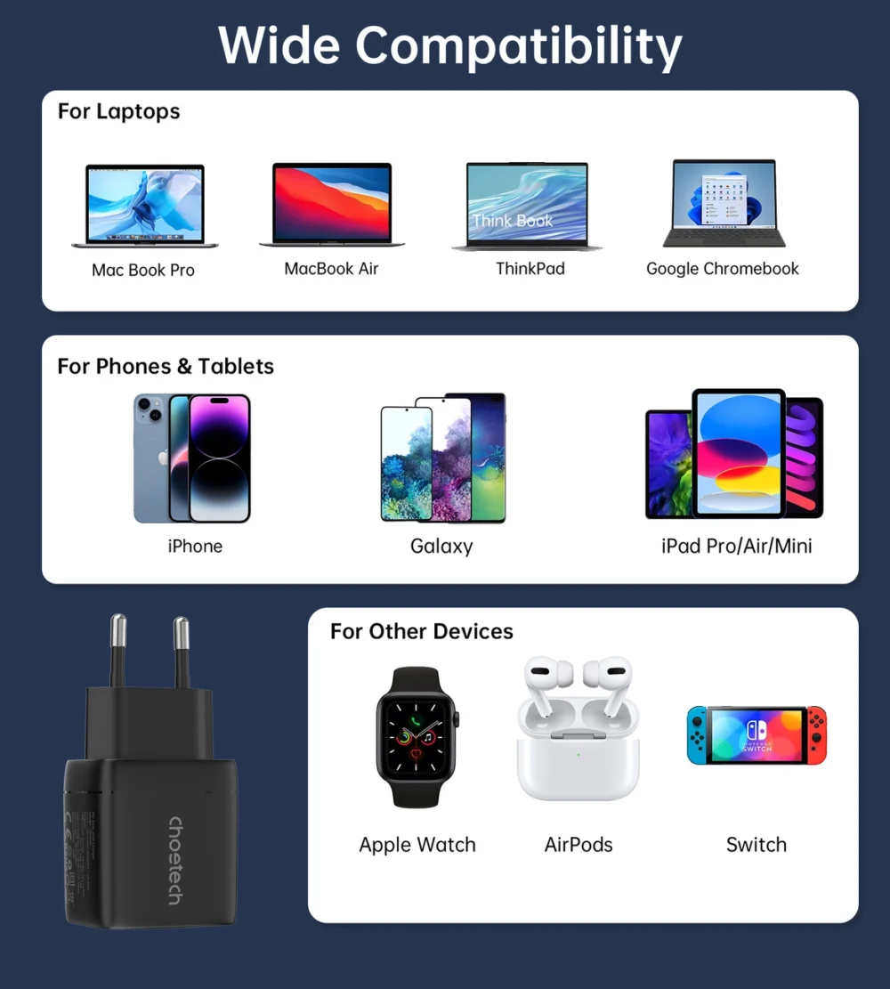 Choetech PD6051 USB-C USB-C PD 35W GaN wall charger with display - blackeng
