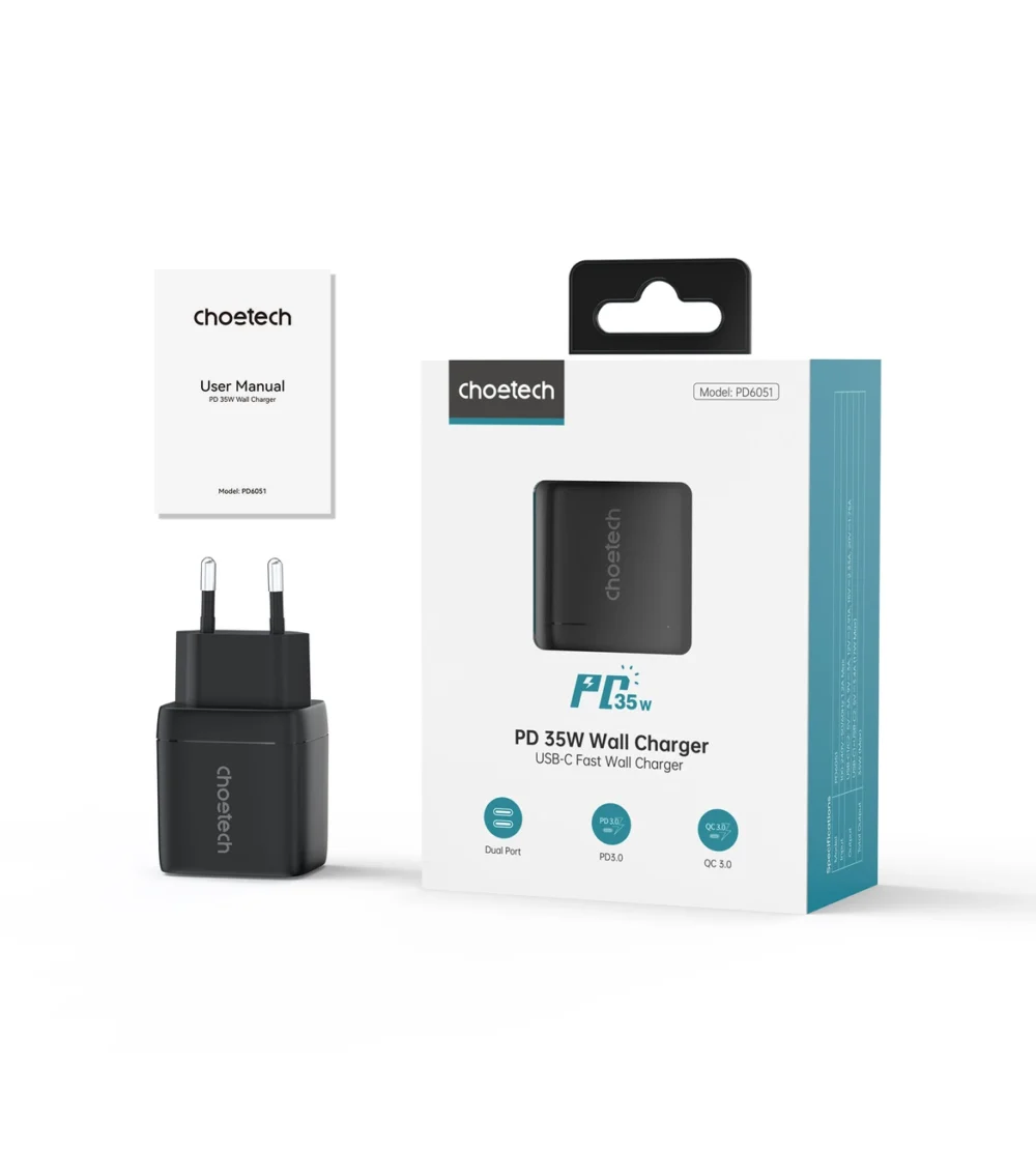 Choetech PD6051 USB-C USB-C PD 35W GaN wall charger with display - blackeng