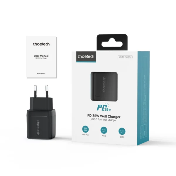 Choetech PD6051 USB-C USB-C PD 35W GaN wall charger with display - blackeng
