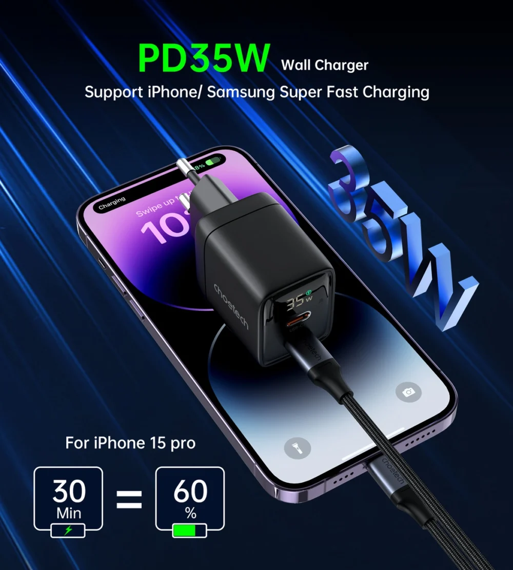 Choetech PD6051 USB-C USB-C PD 35W GaN wall charger with display - blackeng