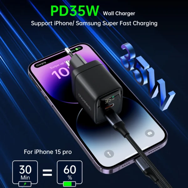 Choetech PD6051 USB-C USB-C PD 35W GaN wall charger with display - blackeng