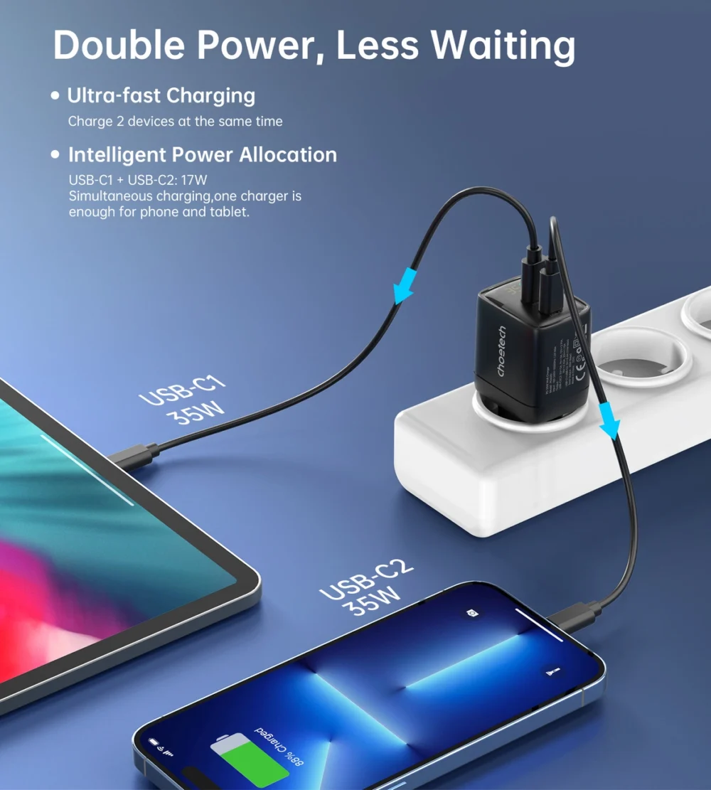 Choetech PD6051 USB-C USB-C PD 35W GaN wall charger with display - blackeng