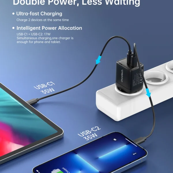 Choetech PD6051 USB-C USB-C PD 35W GaN wall charger with display - blackeng