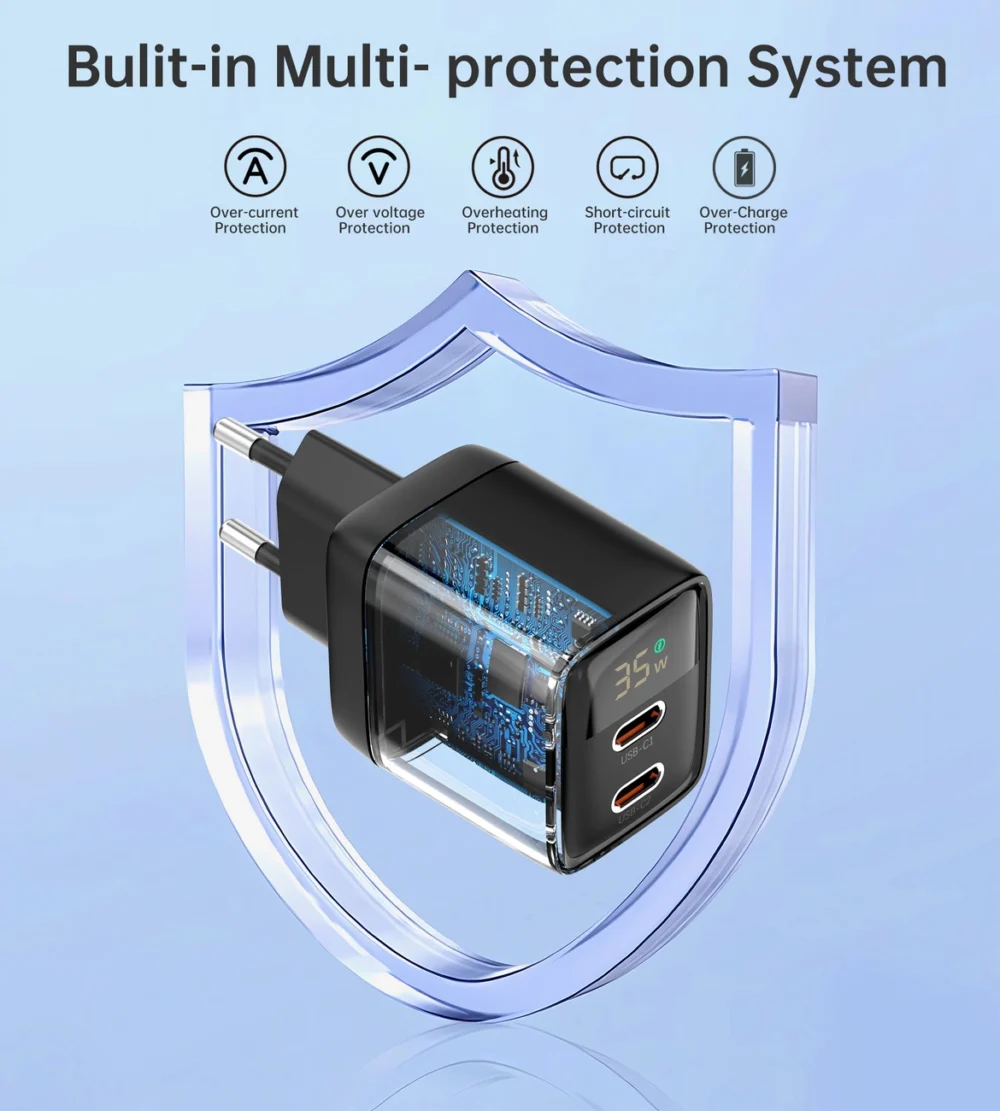 Choetech PD6051 USB-C USB-C PD 35W GaN wall charger with display - blackeng