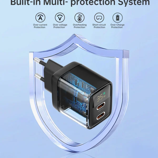 Choetech PD6051 USB-C USB-C PD 35W GaN wall charger with display - blackeng