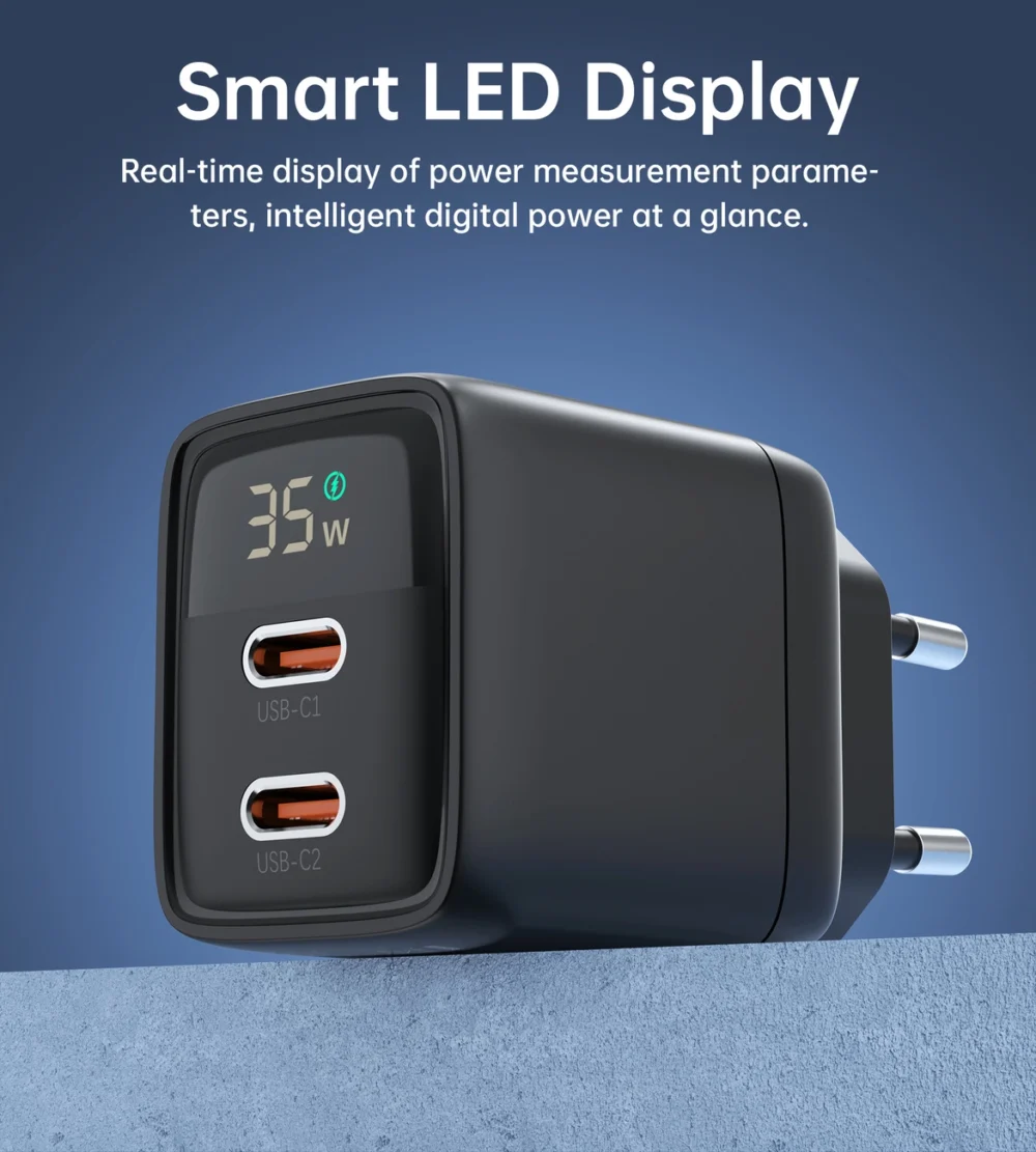 Choetech PD6051 USB-C USB-C PD 35W GaN wall charger with display - blackeng