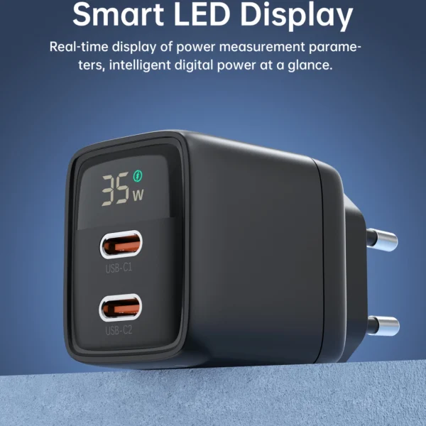 Choetech PD6051 USB-C USB-C PD 35W GaN wall charger with display - blackeng