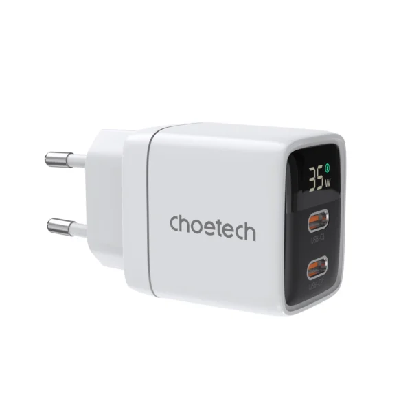 Choetech PD6051 2x USB-C PD 35W GaN wall charger with display - whiteeng