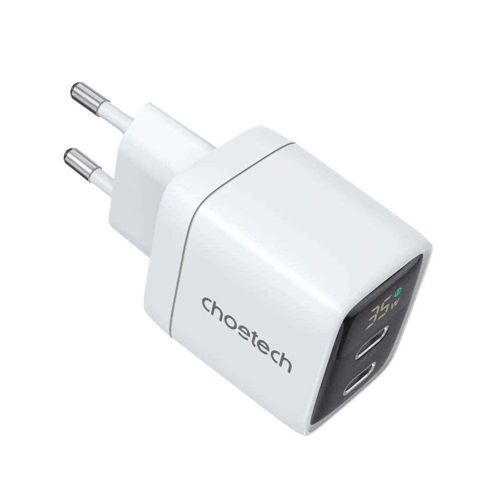 Choetech PD6051 2x USB-C PD 35W GaN wall charger with display - whiteeng