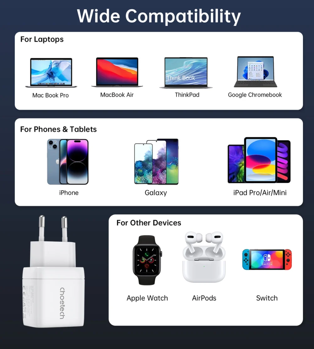 Choetech PD6051 2x USB-C PD 35W GaN wall charger with display - whiteeng
