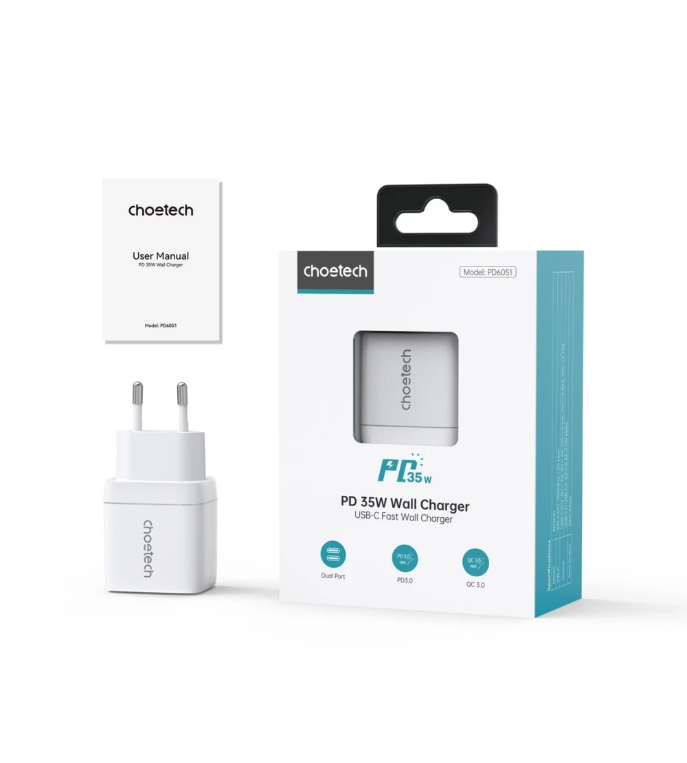 Choetech PD6051 2x USB-C PD 35W GaN wall charger with display - whiteeng