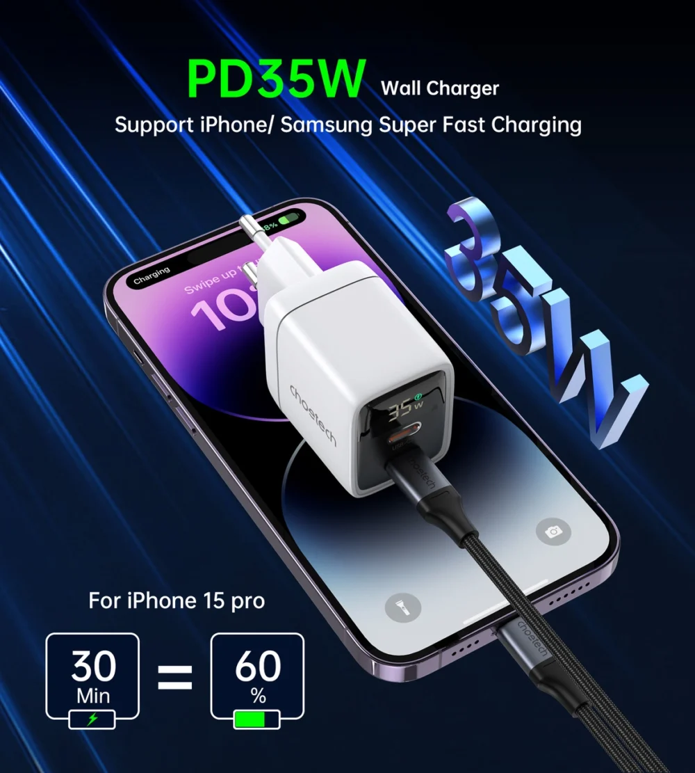 Choetech PD6051 2x USB-C PD 35W GaN wall charger with display - whiteeng