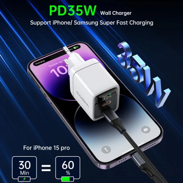 Choetech PD6051 2x USB-C PD 35W GaN wall charger with display - whiteeng