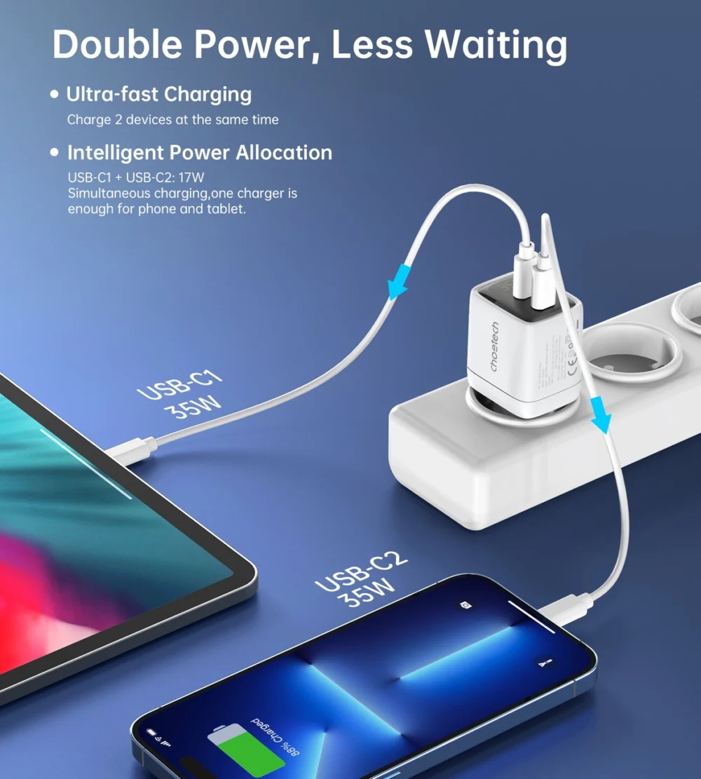 Choetech PD6051 2x USB-C PD 35W GaN wall charger with display - whiteeng