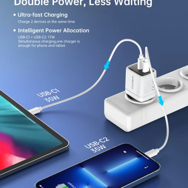 Choetech PD6051 2x USB-C PD 35W GaN wall charger with display - whiteeng