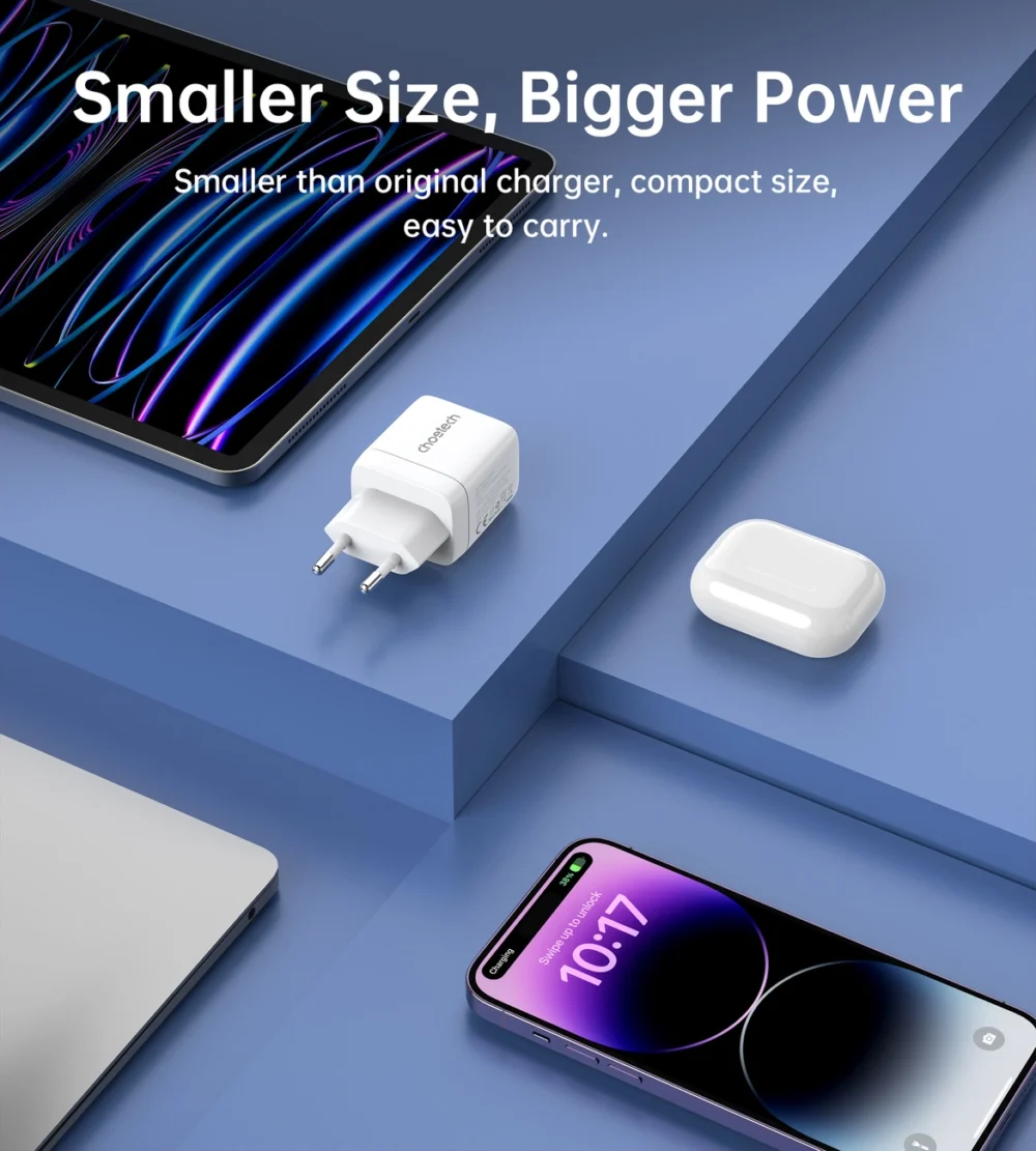 Choetech PD6051 2x USB-C PD 35W GaN wall charger with display - whiteeng