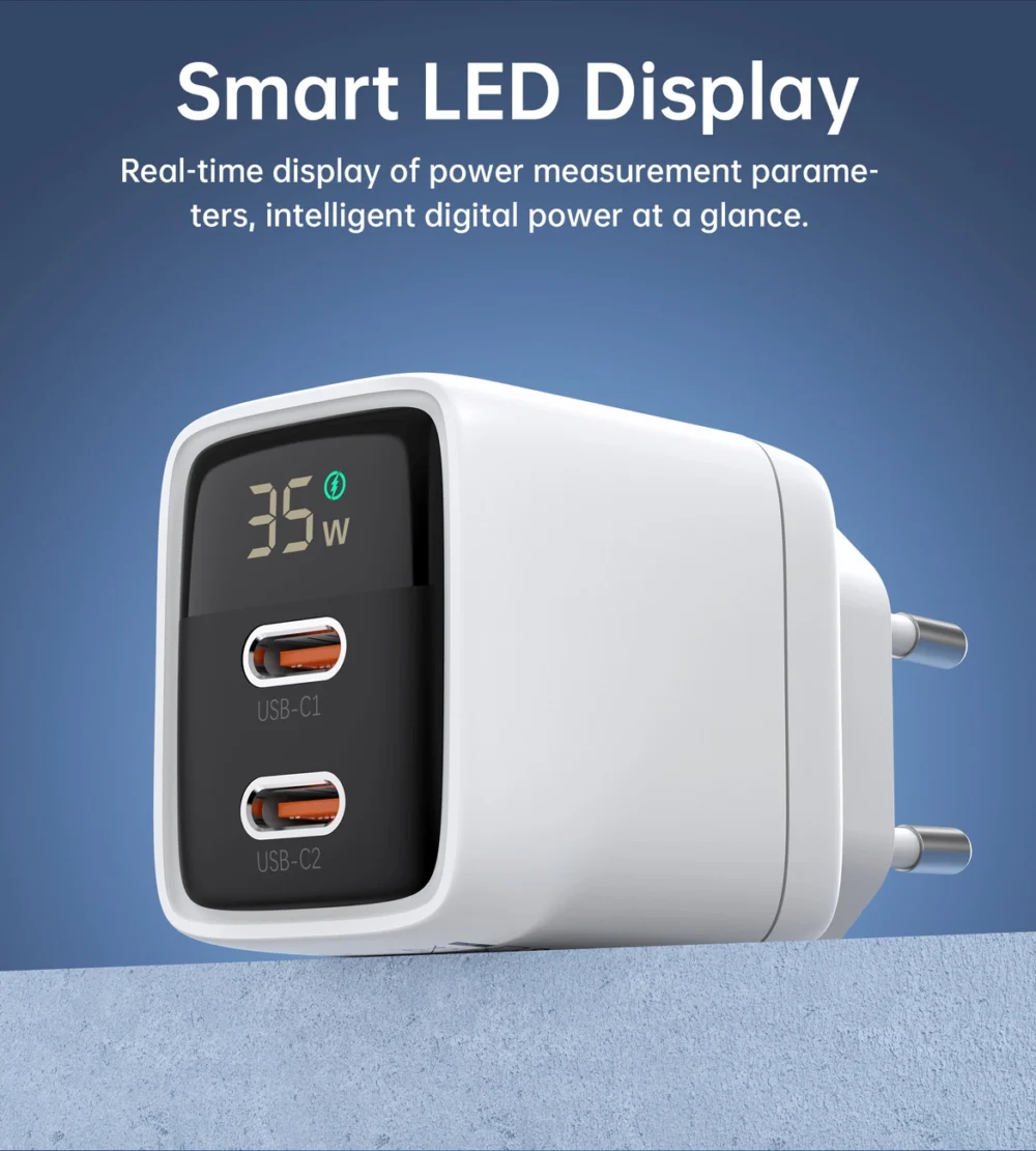 Choetech PD6051 2x USB-C PD 35W GaN wall charger with display - whiteeng