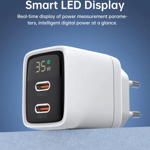 Choetech PD6051 2x USB-C PD 35W GaN wall charger with display - whiteeng