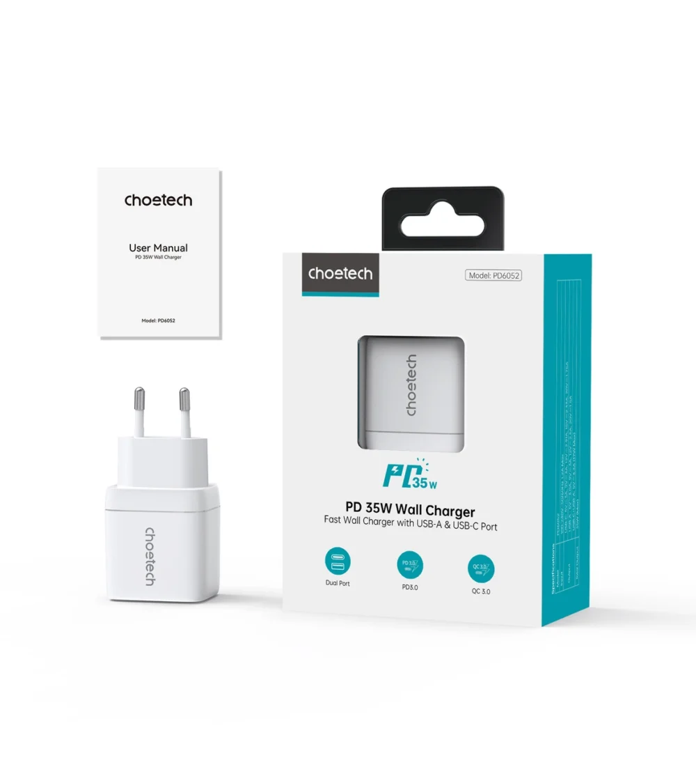 Choetech PD6052 USB-C USB-A PD 35W GaN wall charger with display - whiteeng