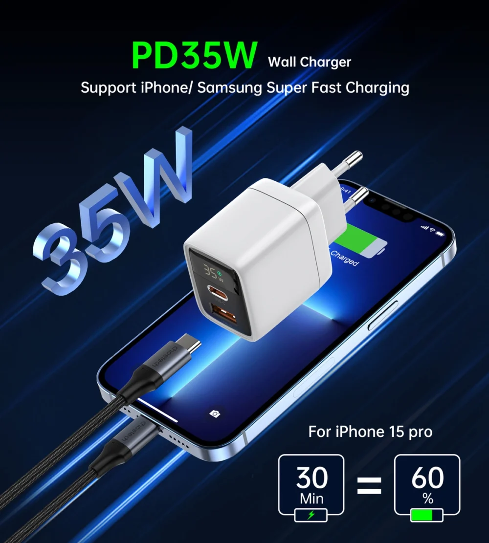 Choetech PD6052 USB-C USB-A PD 35W GaN wall charger with display - whiteeng