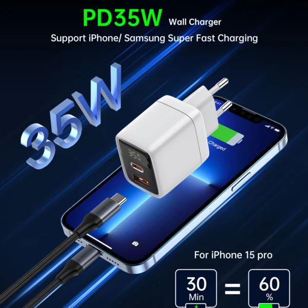 Choetech PD6052 USB-C USB-A PD 35W GaN wall charger with display - whiteeng