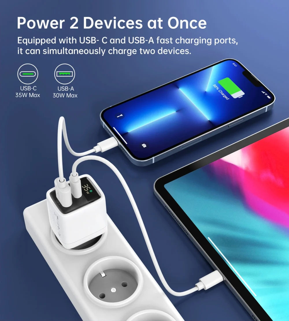 Choetech PD6052 USB-C USB-A PD 35W GaN wall charger with display - whiteeng
