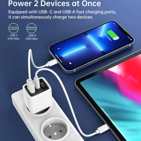 Choetech PD6052 USB-C USB-A PD 35W GaN wall charger with display - whiteeng
