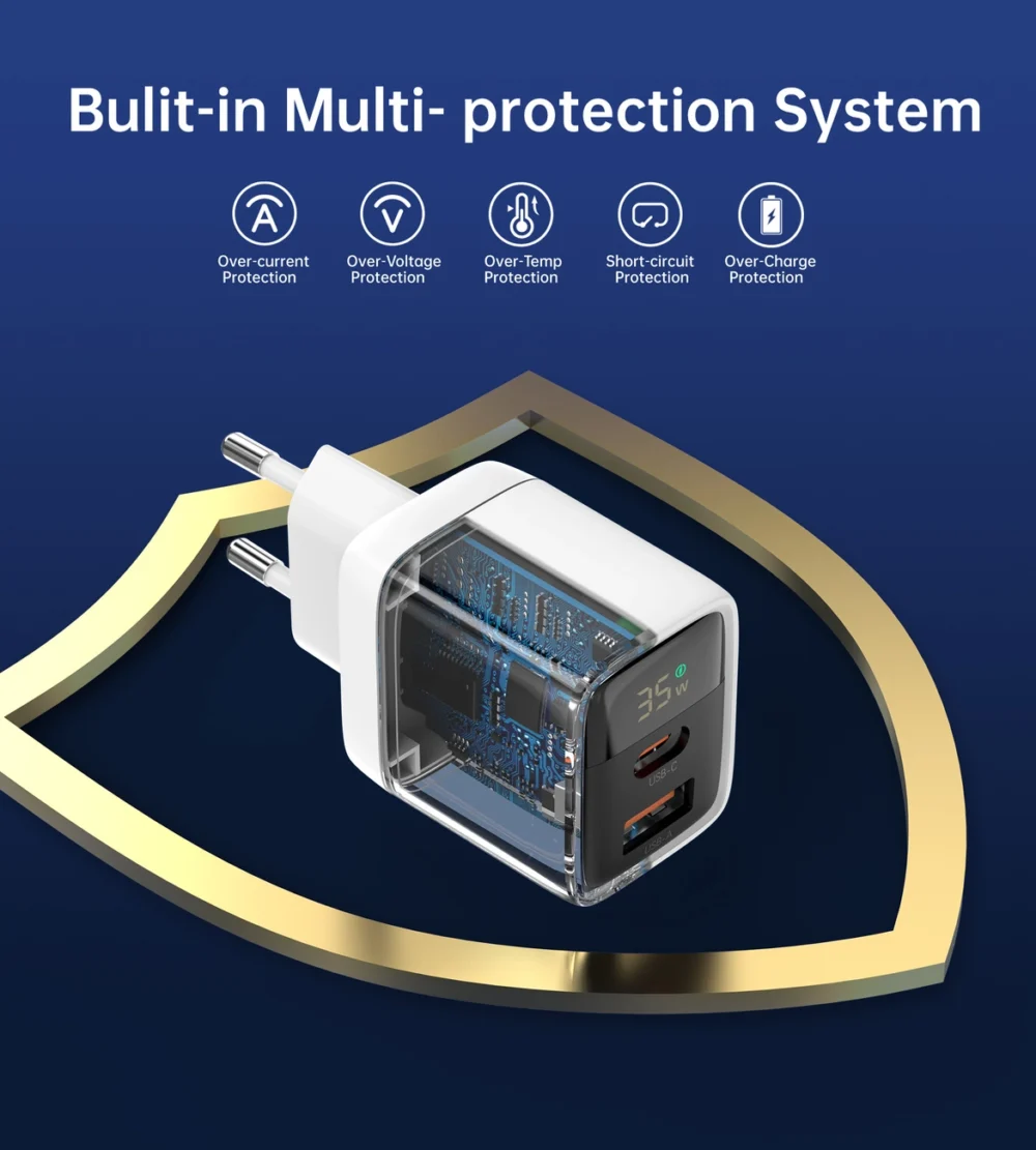 Choetech PD6052 USB-C USB-A PD 35W GaN wall charger with display - whiteeng