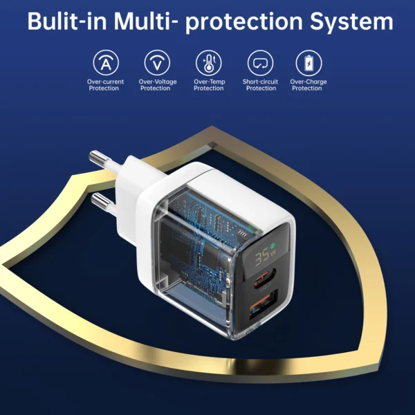 Choetech PD6052 USB-C USB-A PD 35W GaN wall charger with display - whiteeng